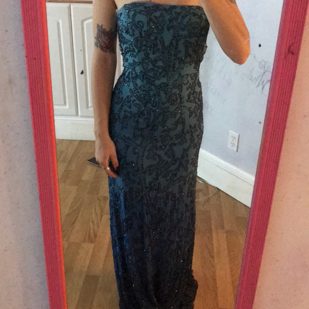 Blue Beaded Strapless Prom Dress